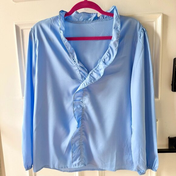 Blue Ruffled V Neck Blouse Womens XL Puff Sleeves Soft Girl Light Academia Offic - Picture 2 of 9